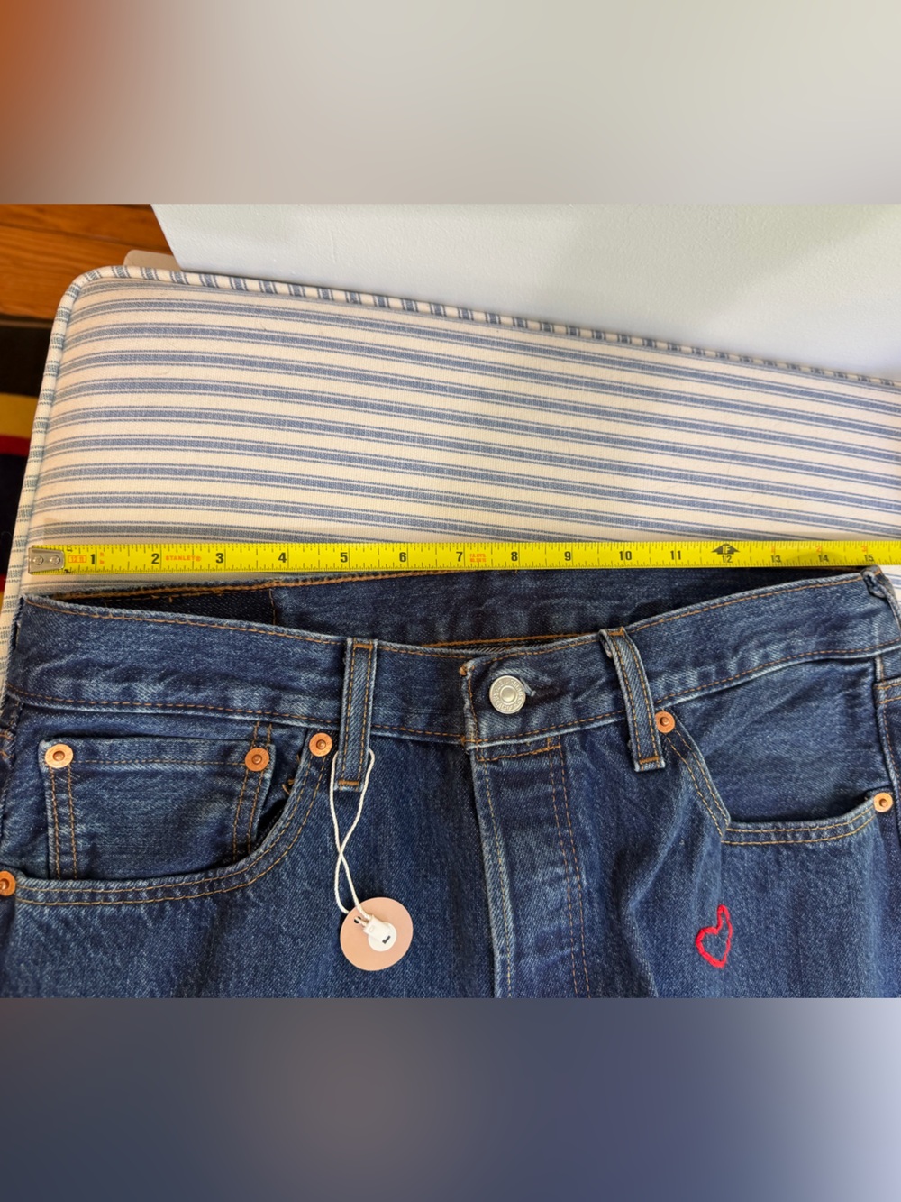 Hipchik Women's Straight Leg upcycled Levi’s with Snoopy heart embroidery dtls